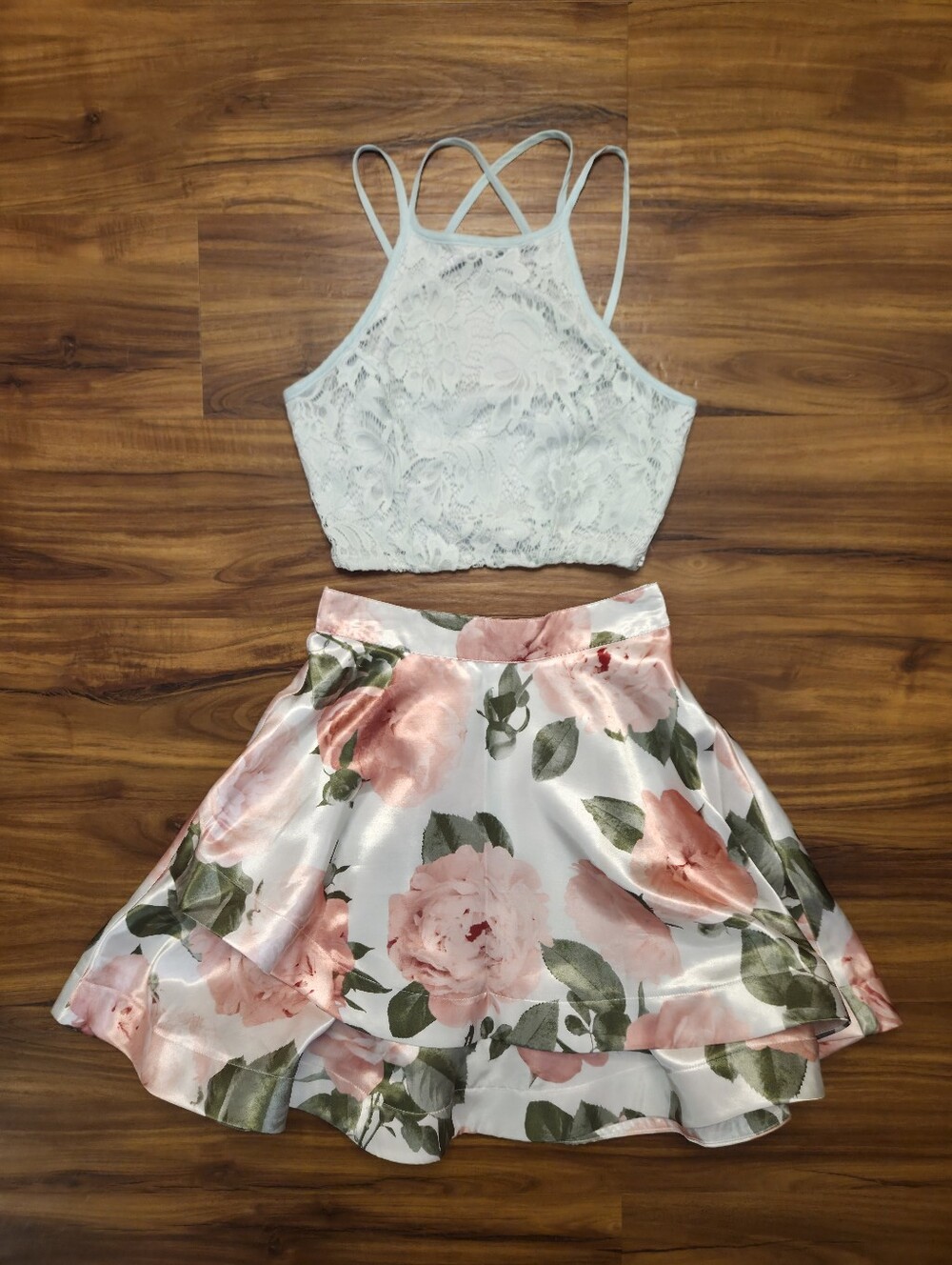 Speechless Blue Lace Halter Top w/ Satin Floral Skirt Prom Set Size 5